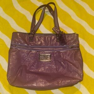 Coach Purple Tote Handbag with Leather Material and Silver Hardware